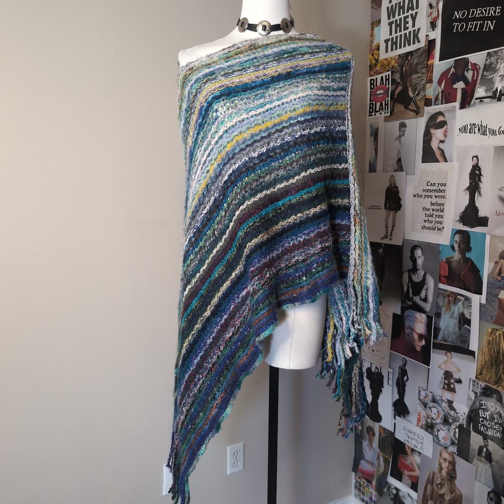 Striped Knit Fringe Boho Poncho